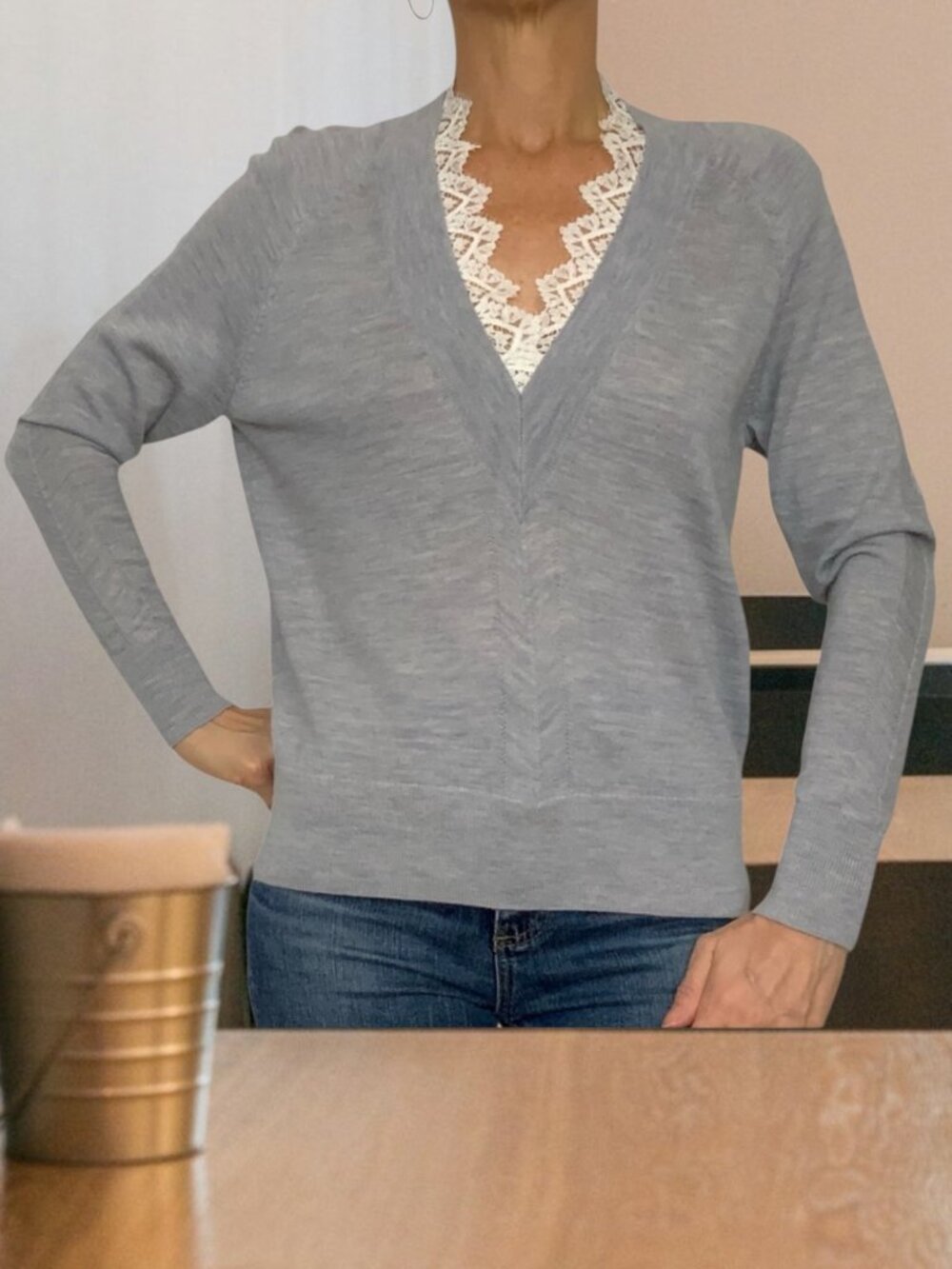 Rebecca Taylor Lace Trimmed Wool Sweater XS Gray Long Sleeve